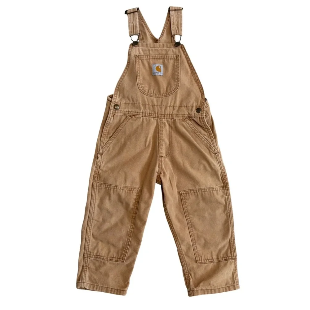CARHARTT 3T Kids Classic Tan Brown Duck Canvas Double Knee Overalls Utility Bibs
